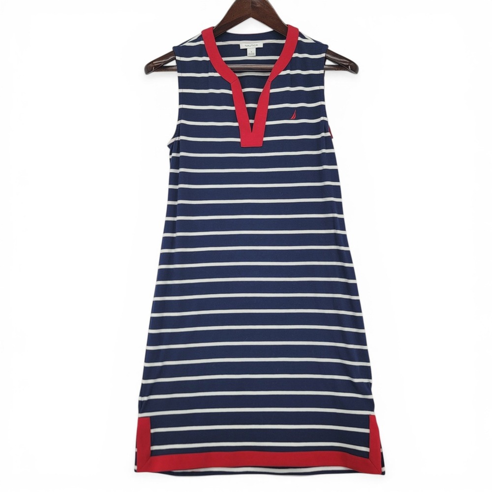 Nautica Womens S Dress‎ Sleeveless Cotton Stretch Striped Blue Red Casual
